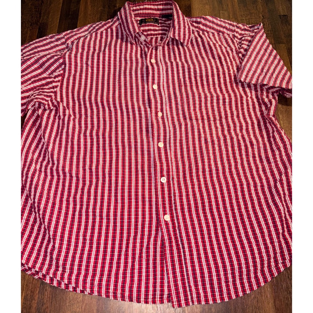 Route 66 Mens Plaid Button Up Shirt Medium Red White Blue Short Sleeve Cotton